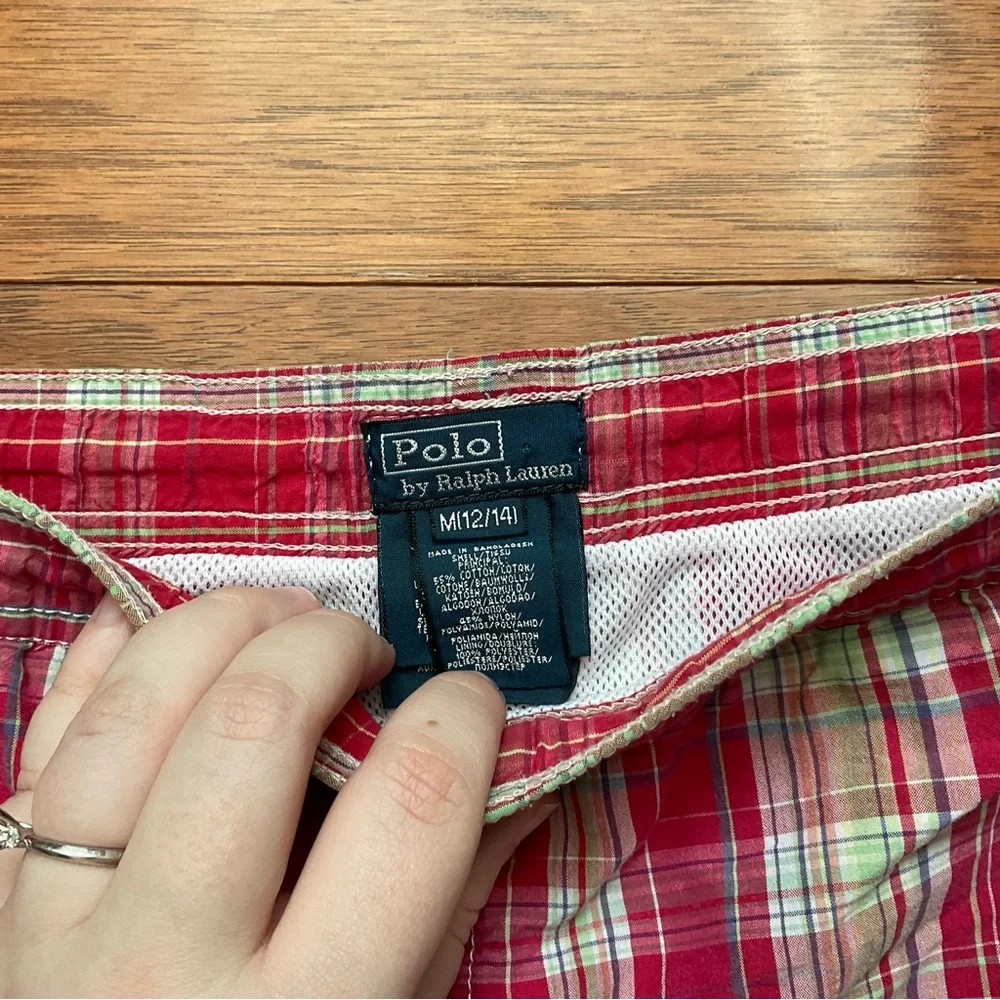 Polo Ralph Lauren Red, Lime Green Plaid Kids Swim Trunks Size Med 12/14